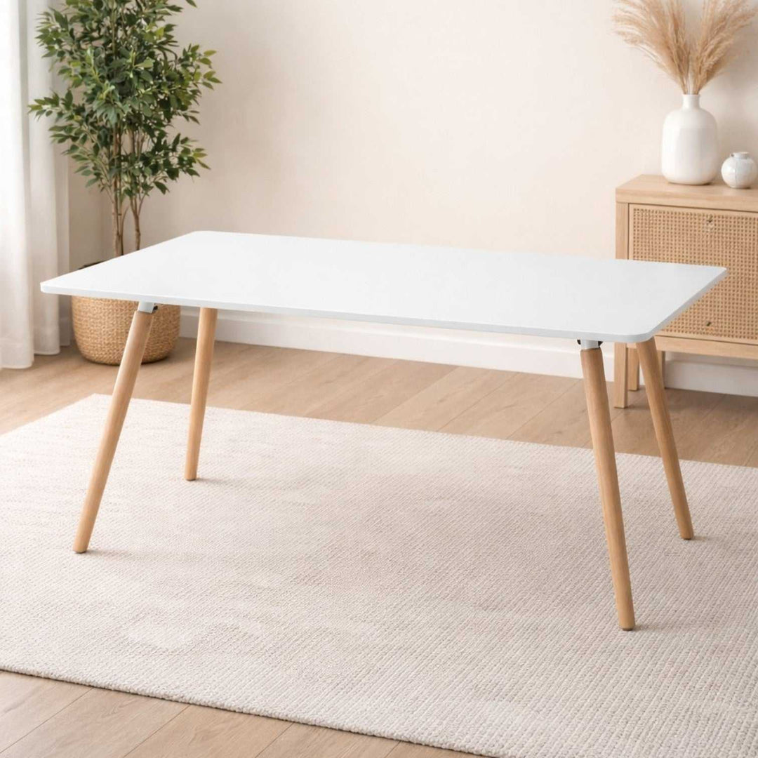 Modern rectangular MDF dining table with beech wood legs and metal chassis in Scandinavian design
