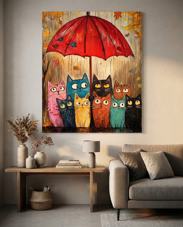 Colorful Cats Under Umbrella Canvas