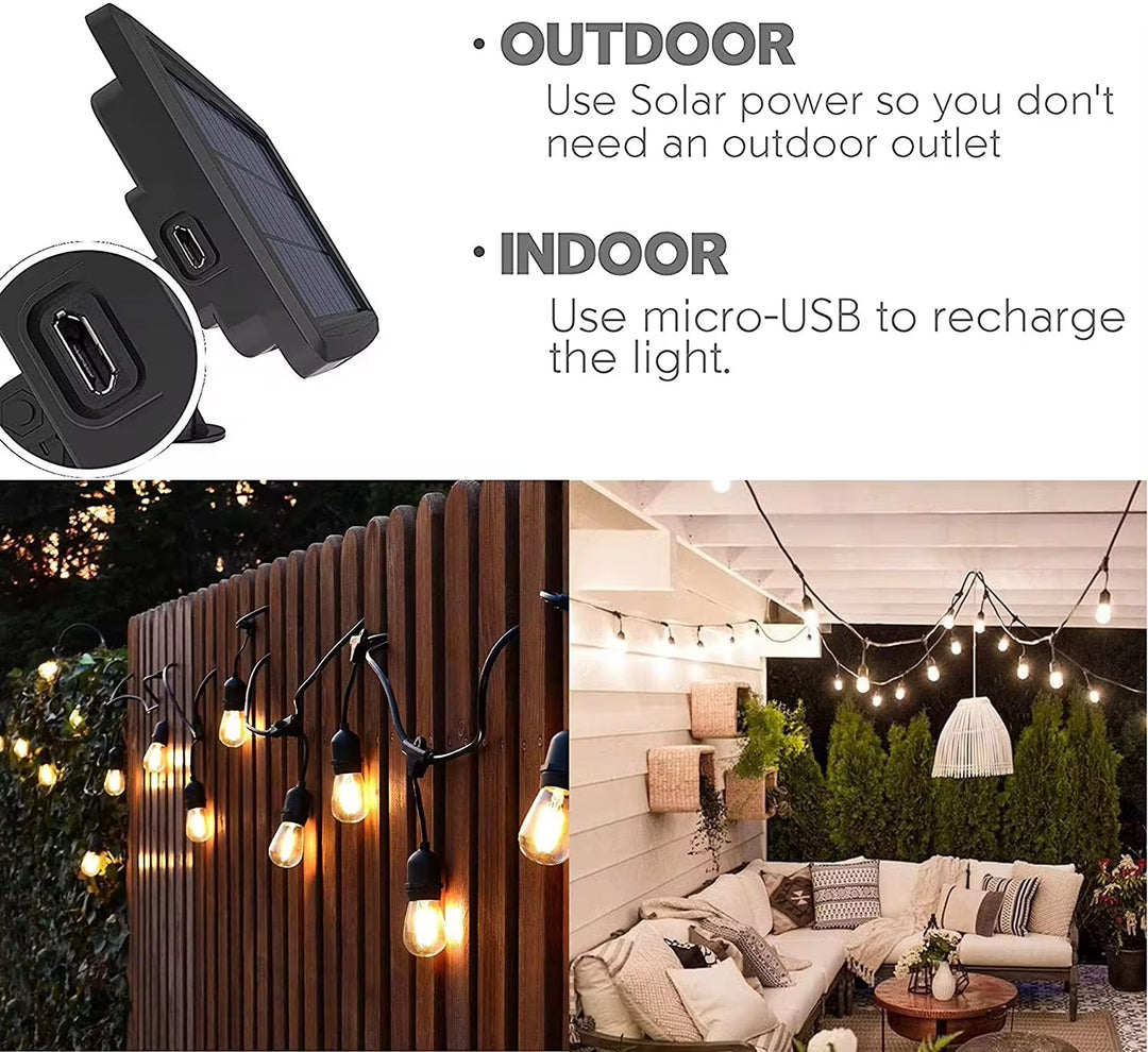 Vintage Outdoor String Lights with Solar panel (Bulbs included)