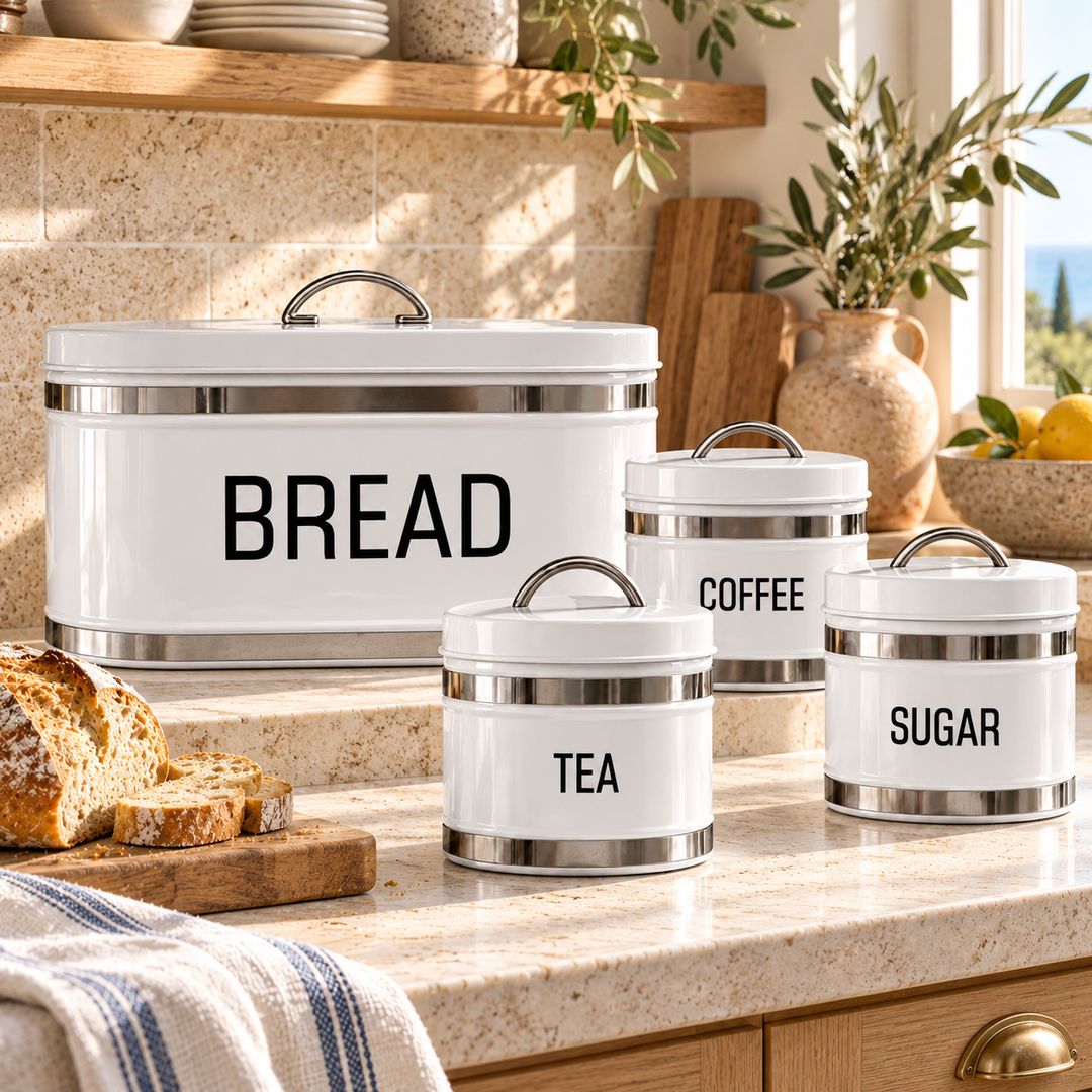 White Metal Kitchen Storage Canister Set with Bread Box, Coffee, Tea & Sugar Containers