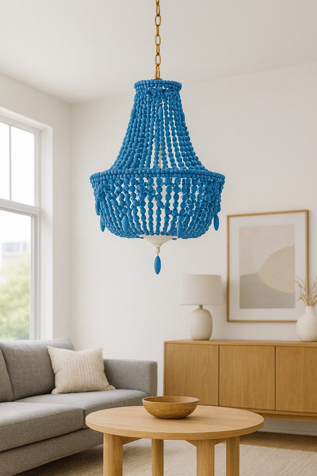 Blue beaded chandelier hanging in modern living room