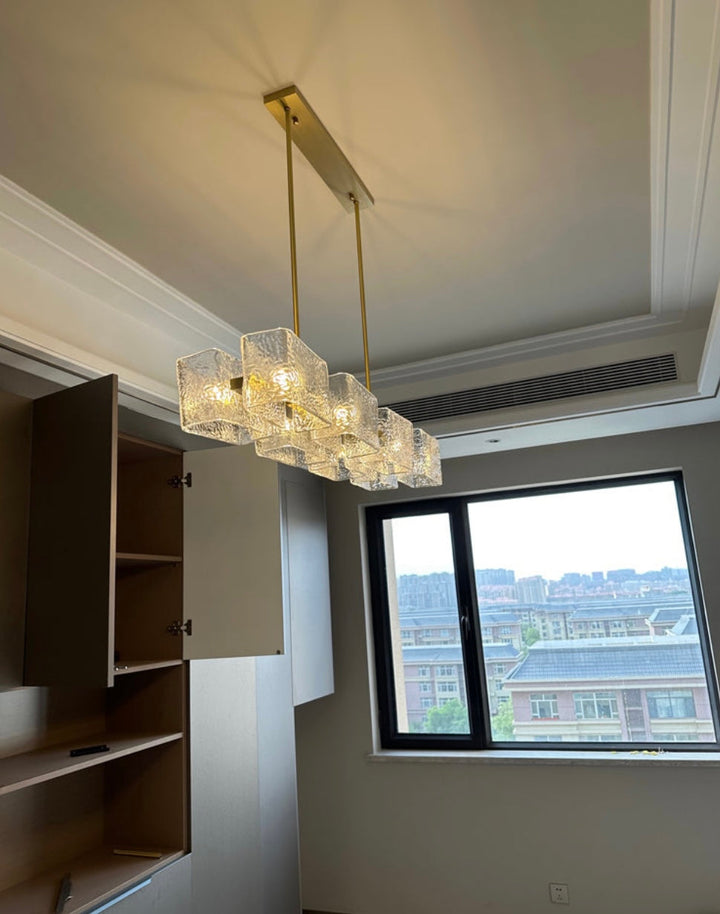 Modern Linear Chandelier with Glass Cubes and Gold Frame