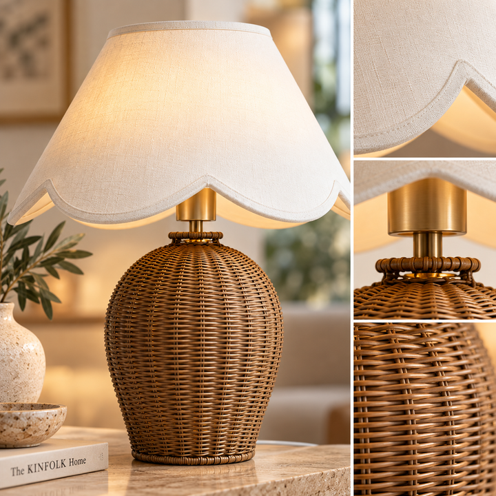 Rattan Table Lamp with Scalloped Linen Shade