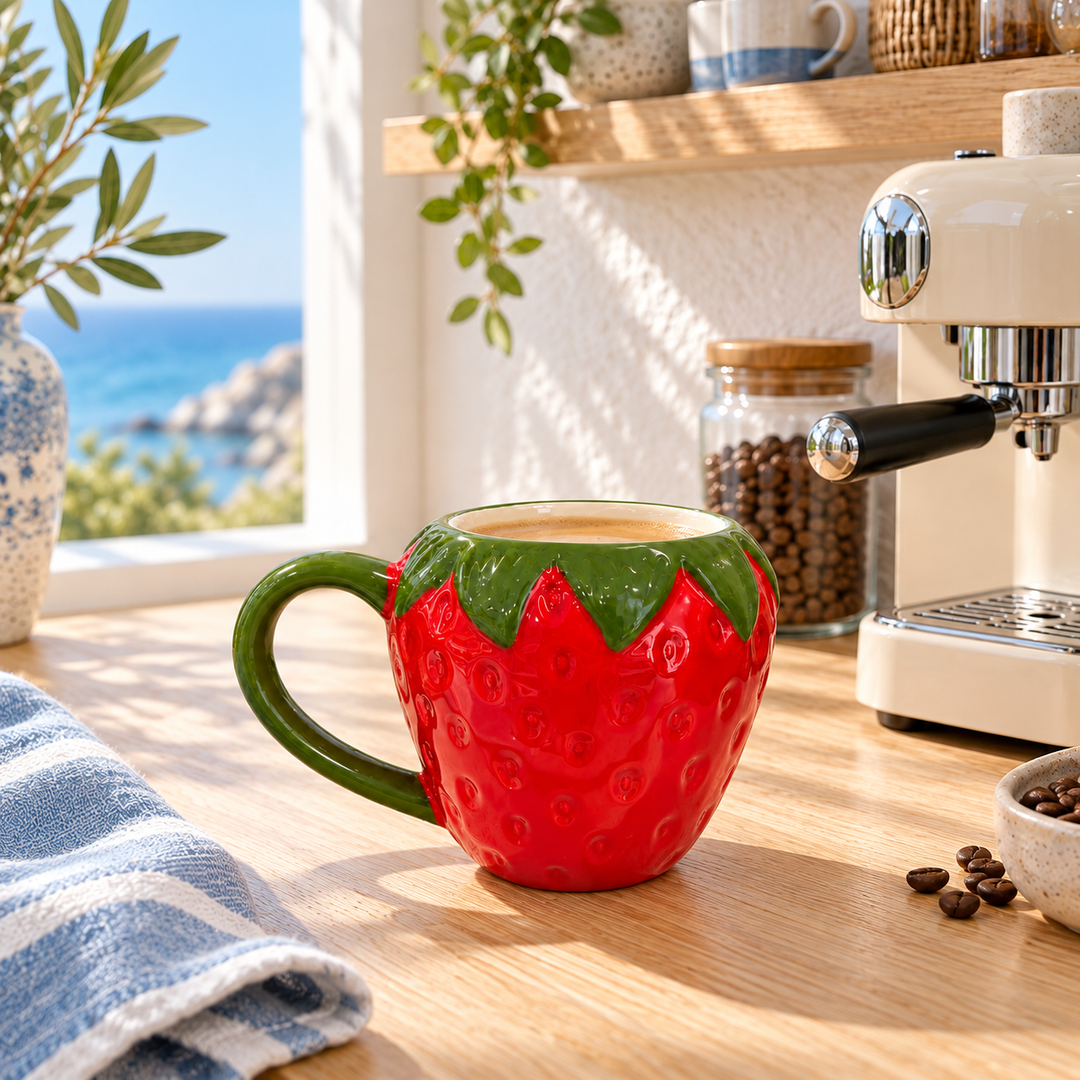 Glossy red strawberry-shaped ceramic mug with a green leafy rim and handle on a kitchen counter
