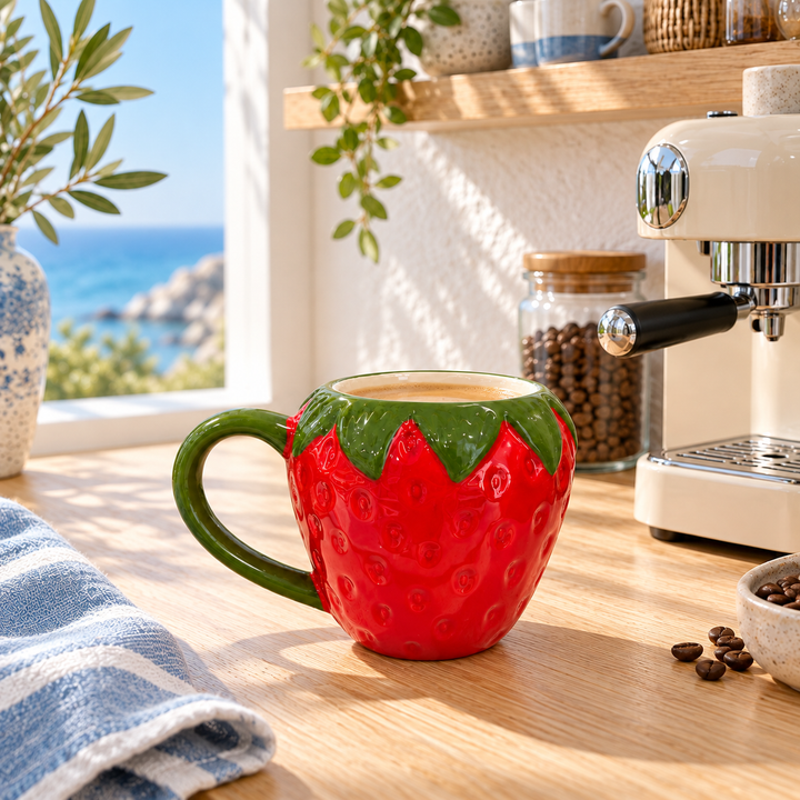 Glossy red strawberry-shaped ceramic mug with a green leafy rim and handle on a kitchen counter