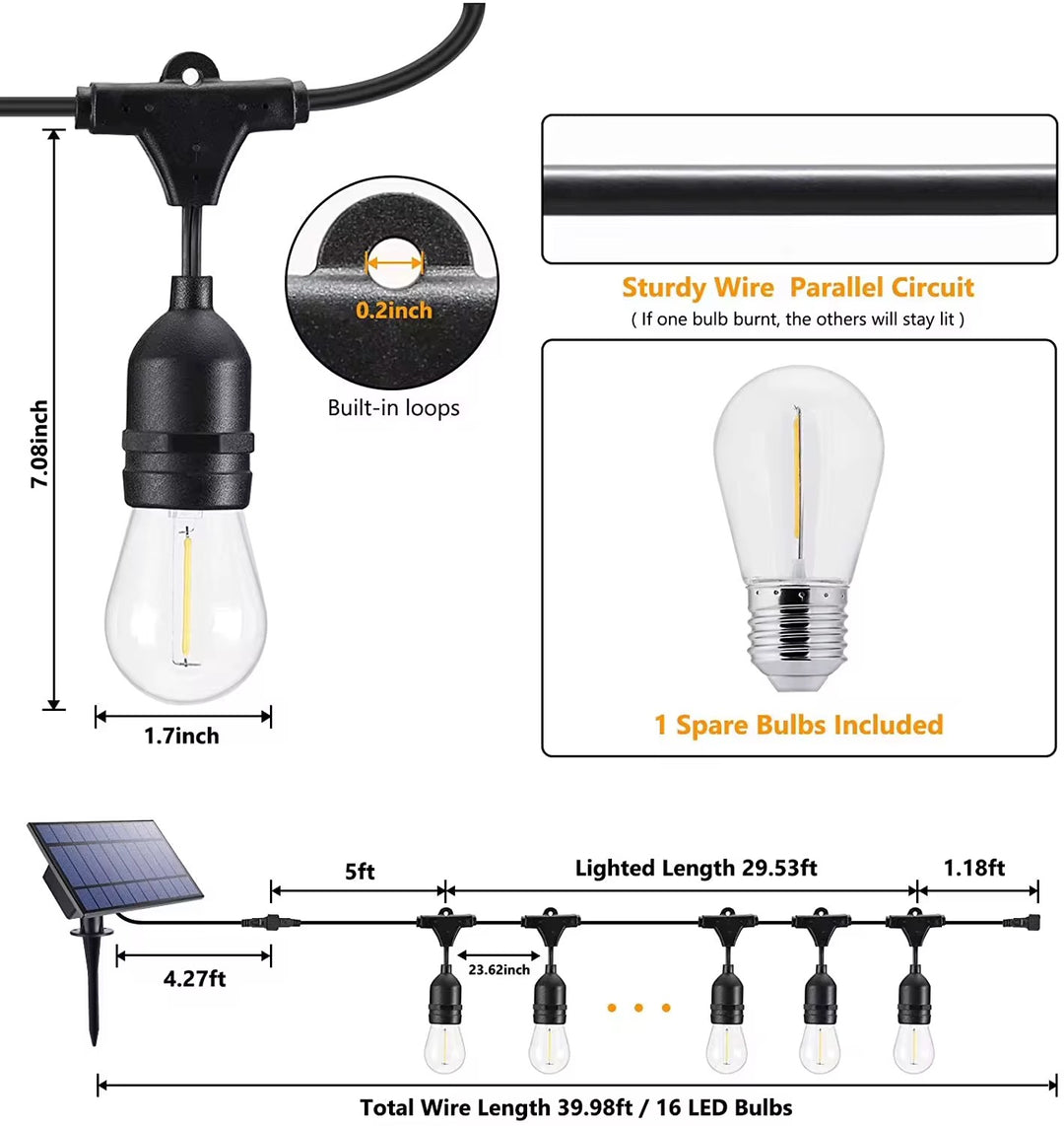 Vintage Outdoor String Lights with Solar panel (Bulbs included)