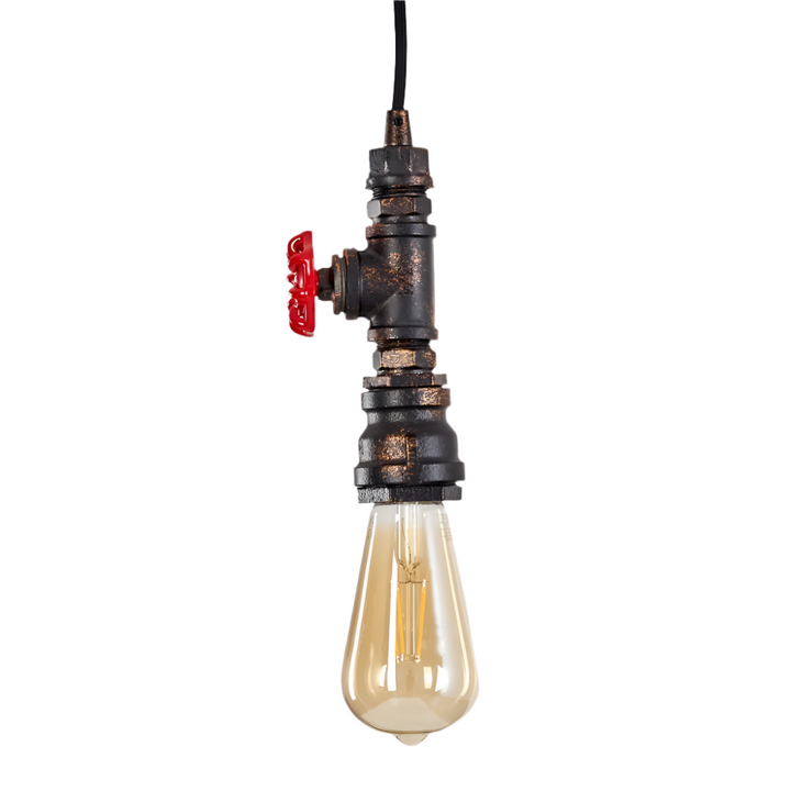 Industrial Pipe Pendant Light with Red Valve Accent