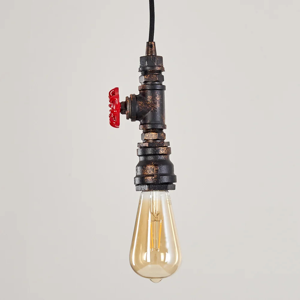 Industrial Pipe Pendant Light with Red Valve Accent