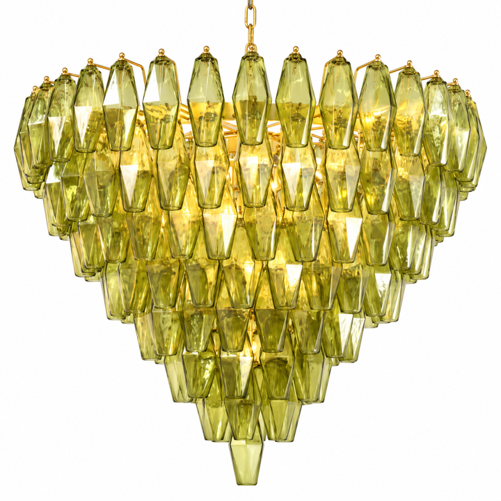 Olive green faceted glass chandelier with layered crystal elements and a warm gold-tone finish