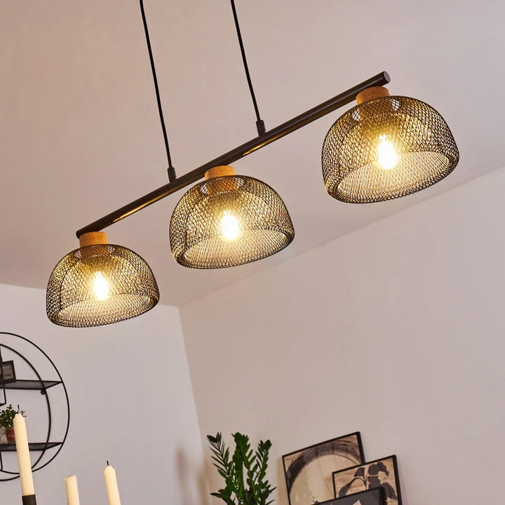 Industrial Triple Mesh Pendant Light with Wooden Accents