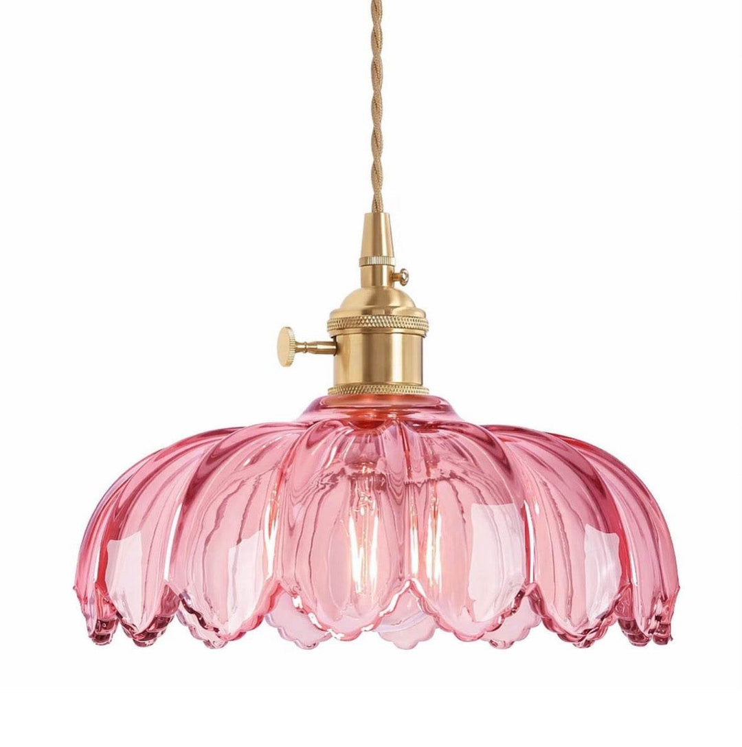 Pink scalloped glass pendant lamp with warm ambient light