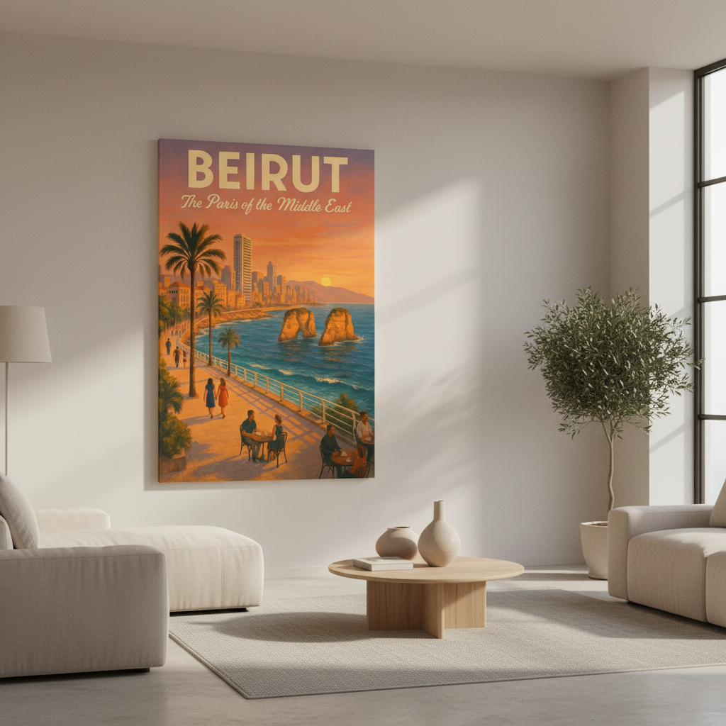 Beirut Vintage Travel Poster featuring Raouche Rocks at sunset on premium canvas with MDF frame