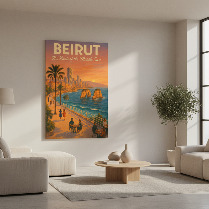 Beirut Vintage Travel Poster featuring Raouche Rocks at sunset on premium canvas with MDF frame
