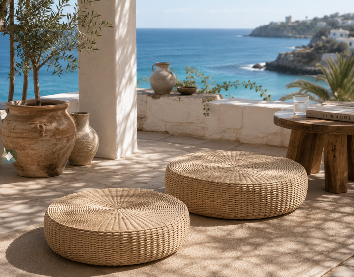 Handwoven Rattan Floor Pouf Set