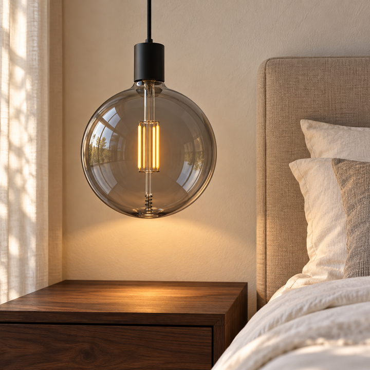 Smoked-gray glass globe pendant with a glowing filament beside a bed