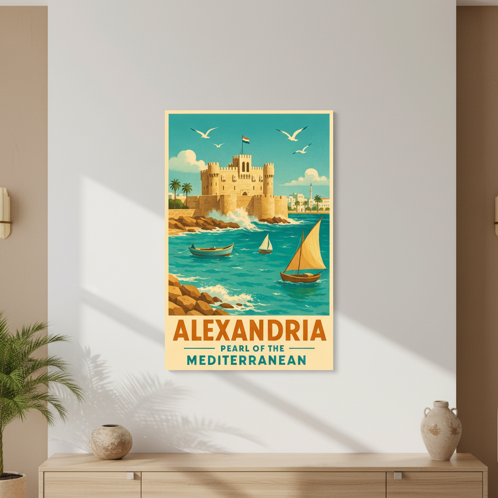 Alexandria vintage travel poster canvas featuring Qaitbay Citadel and Mediterranean coastline with sailing boats and seagulls