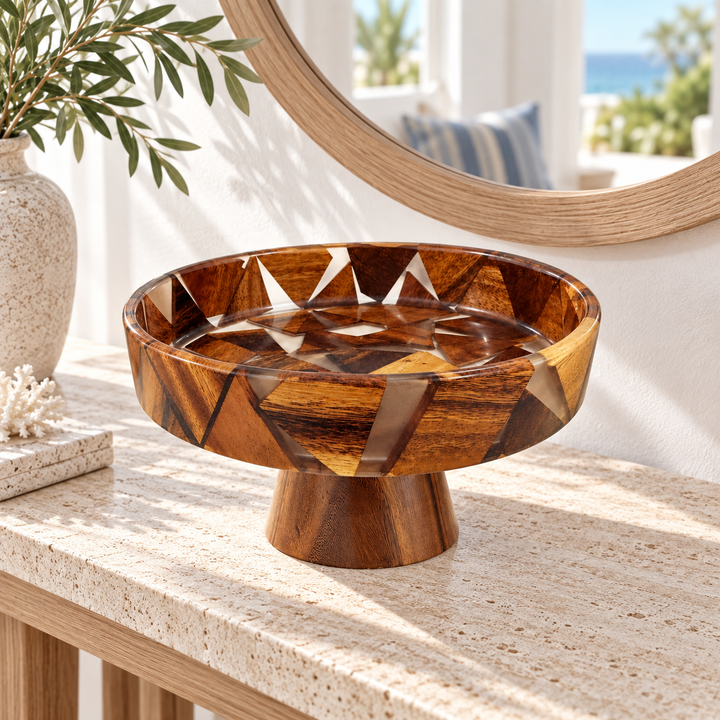 Handcrafted Footed Wood and Epoxy Resin Geometric Mosaic Serving Bowl