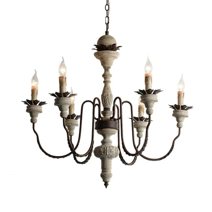 Vintage Candle-Style Chandelier - Distressed Wood Finish