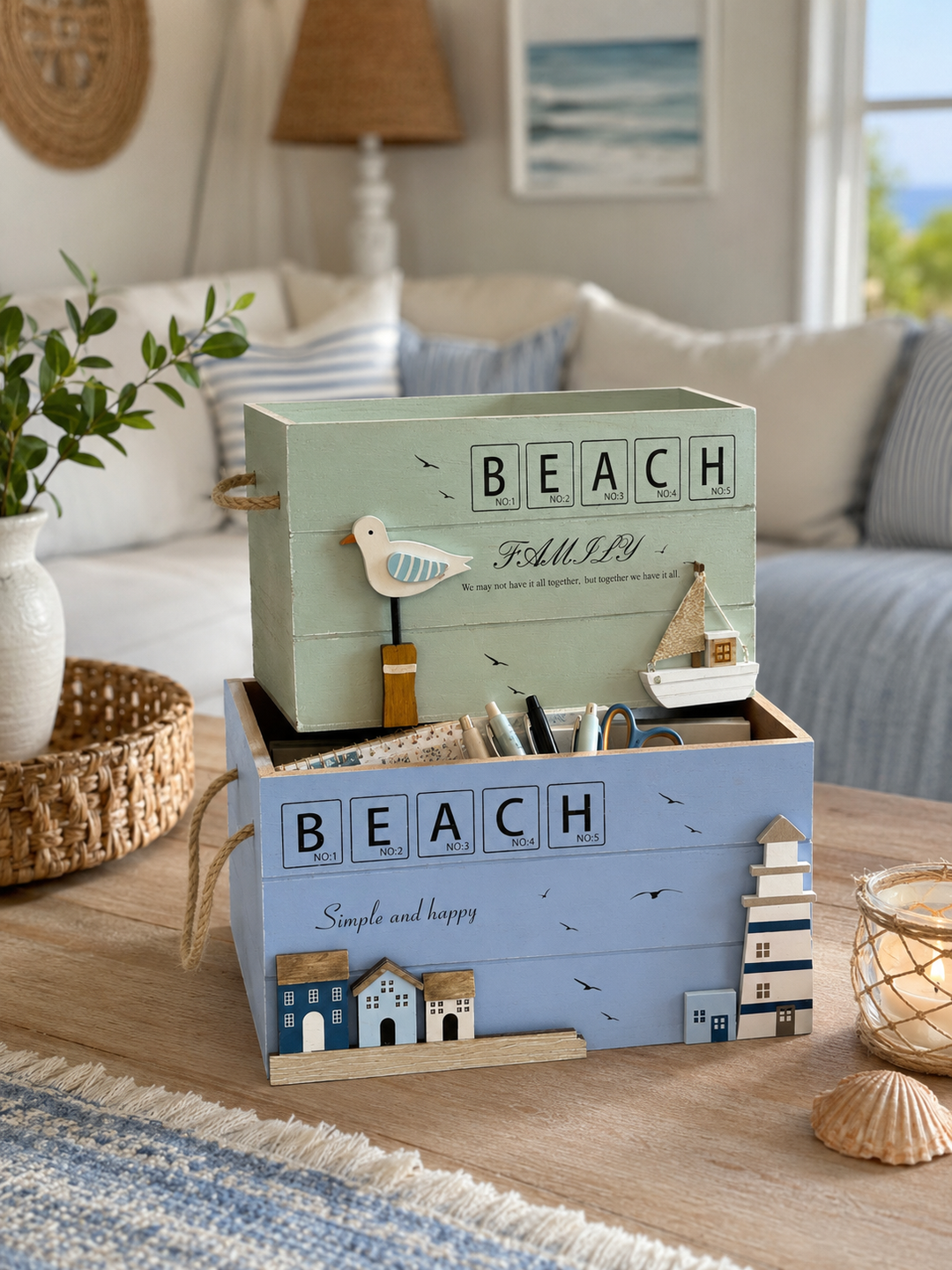 Coastal Beach Wooden Storage Box Set