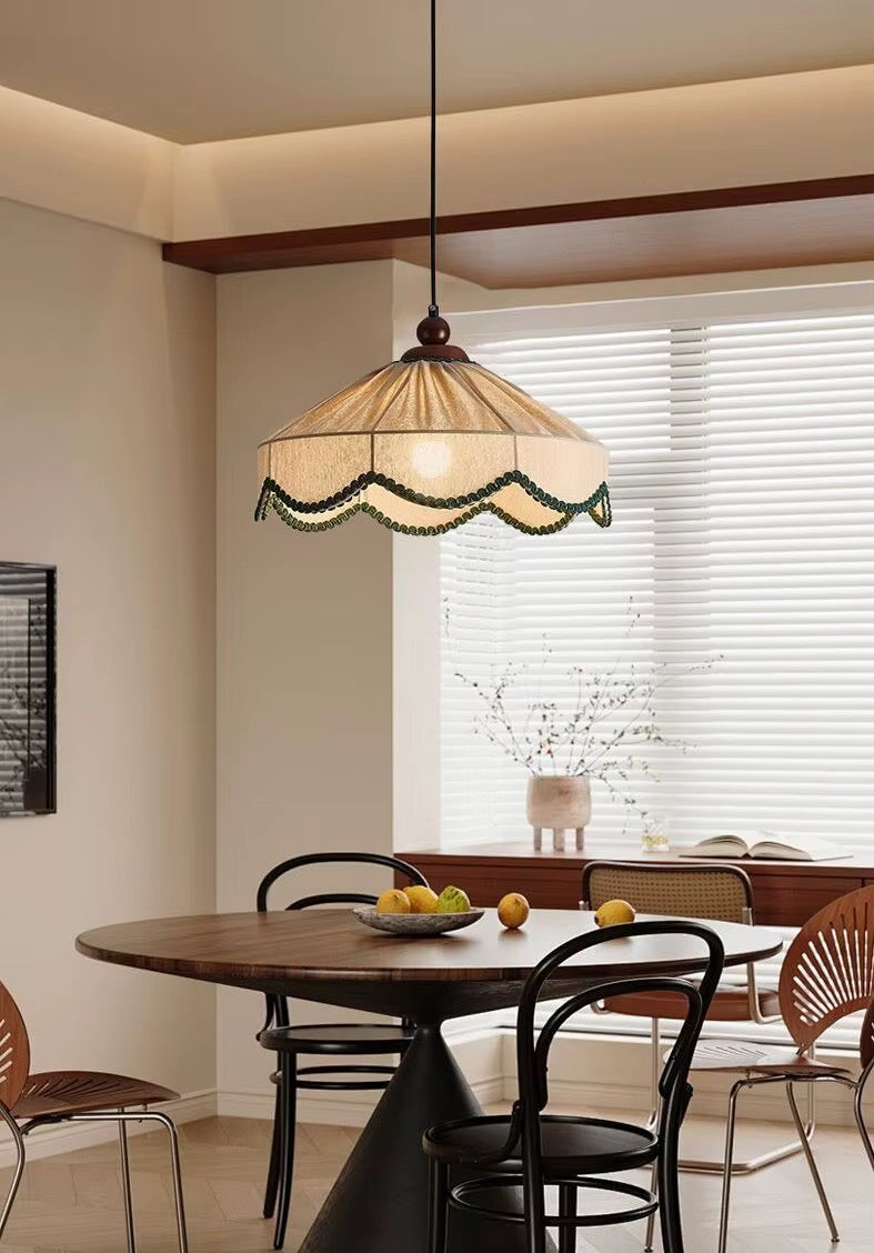 Vintage Cream Fabric Pendant Light with Beaded Trim