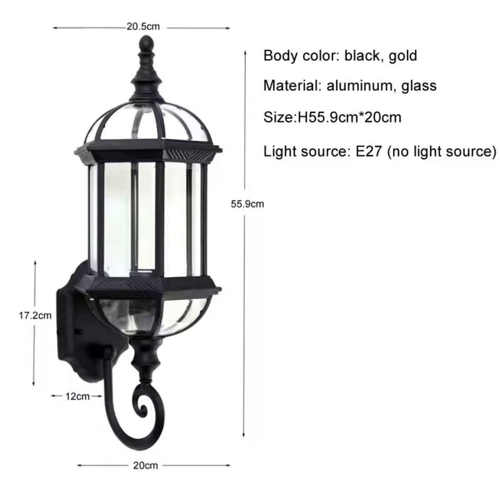 Outdoor Wall LanternOutdoor Wall Lantern with Glass Panels and Vintage DesignThis outdoor wall lantern features a vintage-inspired design with clear glass panels and a durable black metal frame. 
 Perfect for gardens, patios, or entryways, itOutdoor LightsWadi Home