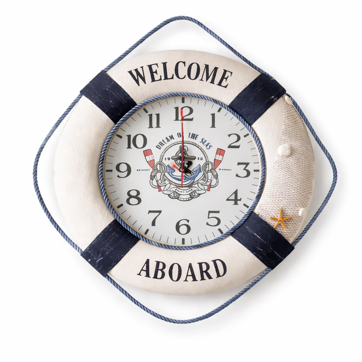 Nautical lifebuoy wall clock with marine design and coastal charm