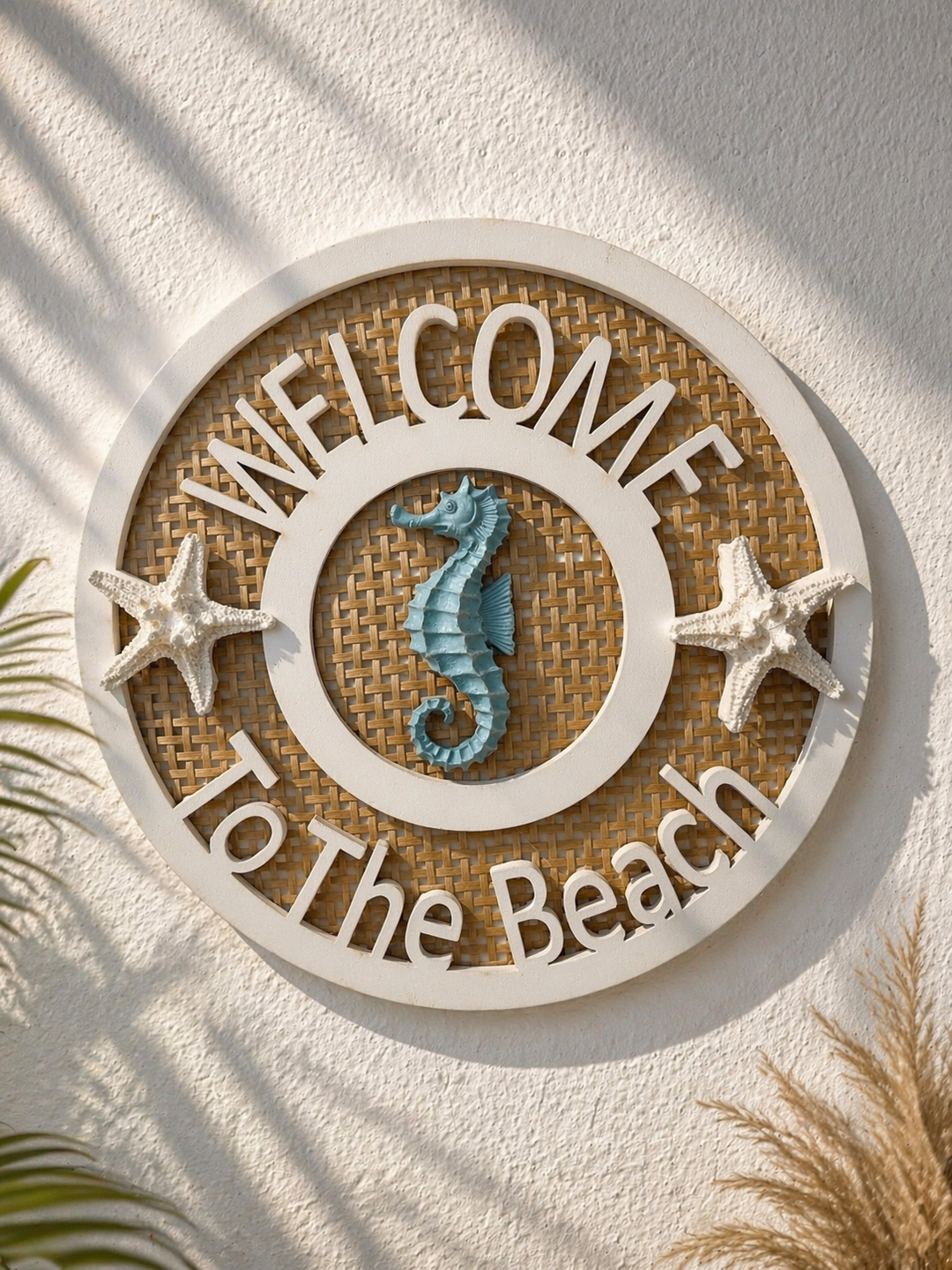 Seahorse Welcome Wall Sign with starfish on woven base