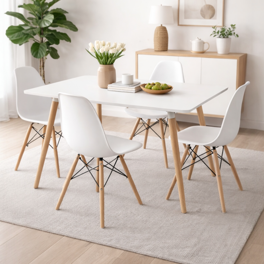 Modern Dining Table Set with MDF tabletop and 4 acrylic chairs with beech wood legs