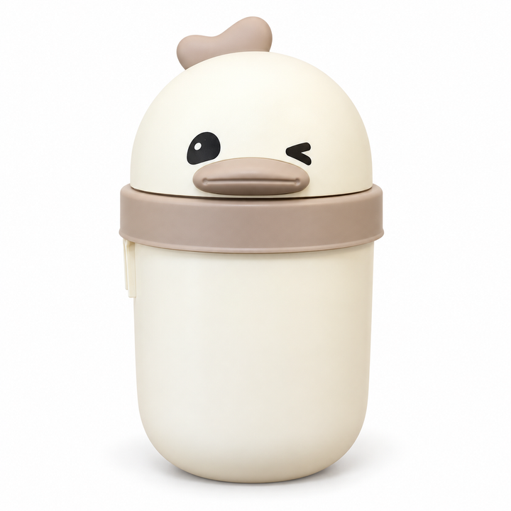 Small cream duck-shaped mini waste bin with a taupe lid and winking face