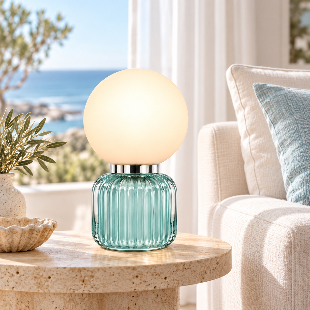 Aqua Ribbed Glass Globe Table Lamp