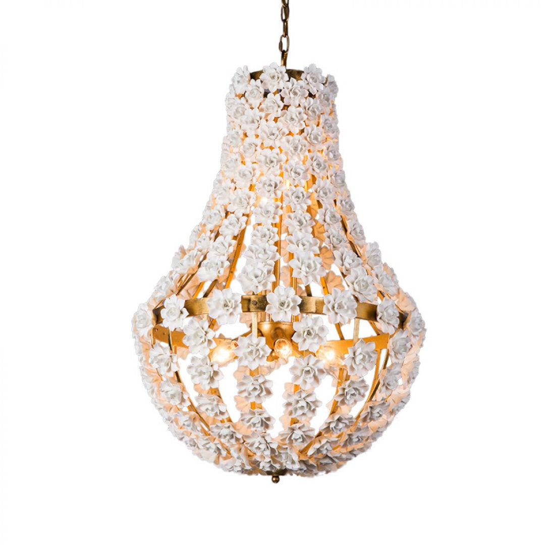 Ornate white floral chandelier with gold accents and teardrop-shaped design