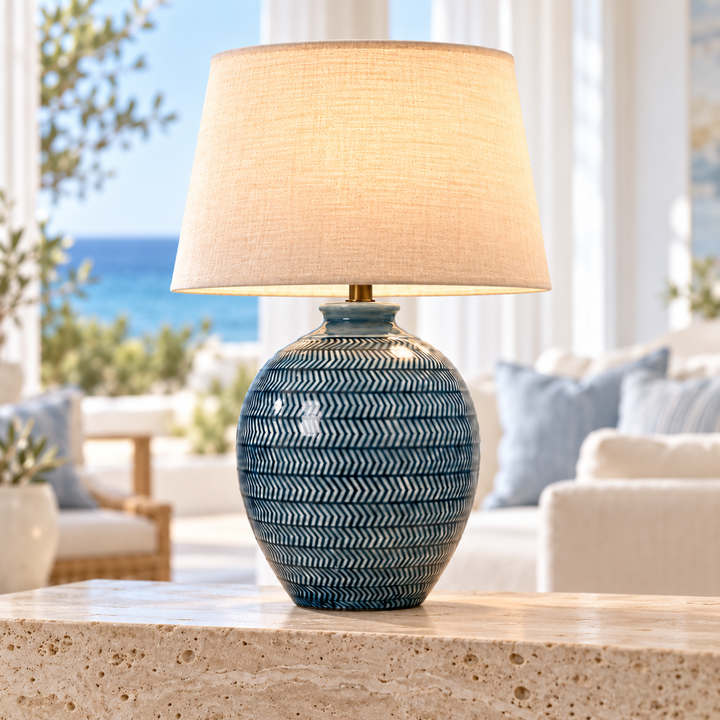 Blue Patterned Ceramic Table Lamp with Linen Shade