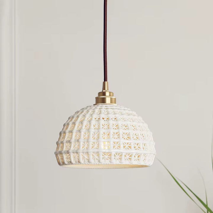 White Ceramic Textured Dome Pendant Light with Brass Detail