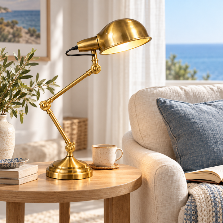 Brass table lamp with an adjustable articulated arm and downward-facing shade
