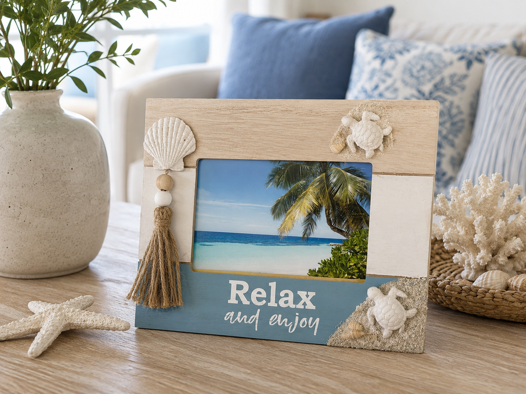Coastal Wooden Photo Frame with Seashell & Turtle Accents