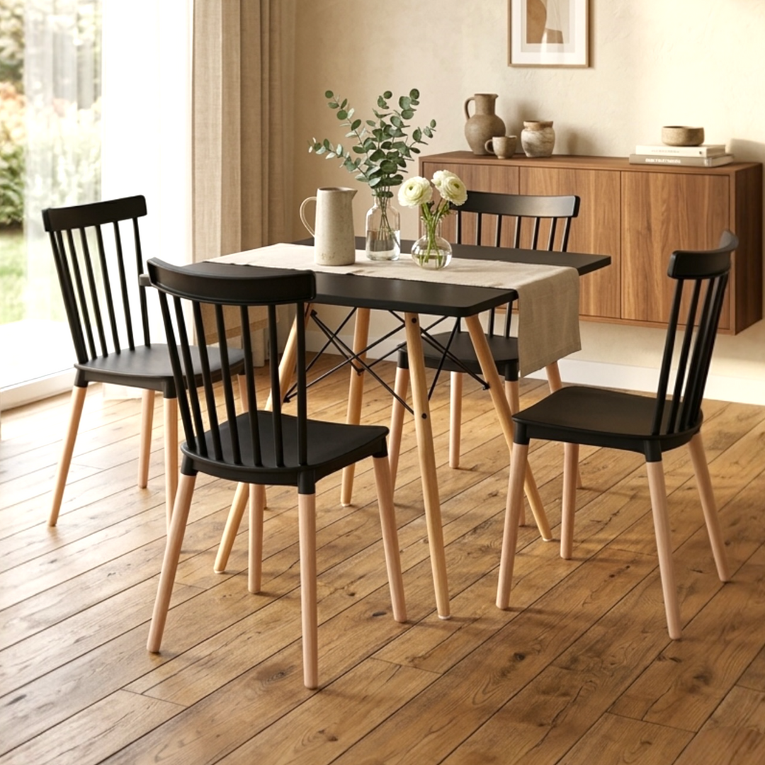 Modern dining table set with 4 spindle back chairs, MDF tabletop, beech wood legs, and Scandinavian design