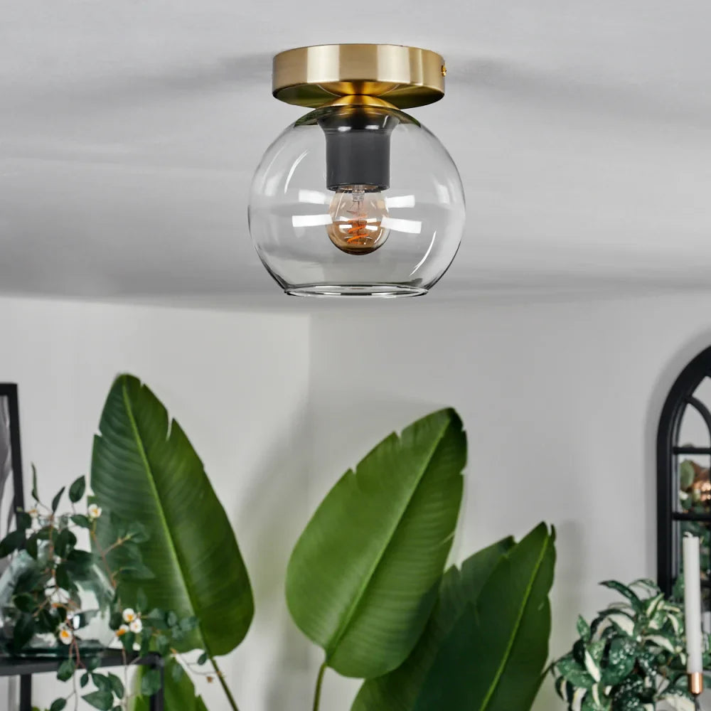 Modern Amber Glass Globe Ceiling Light with Brass Base