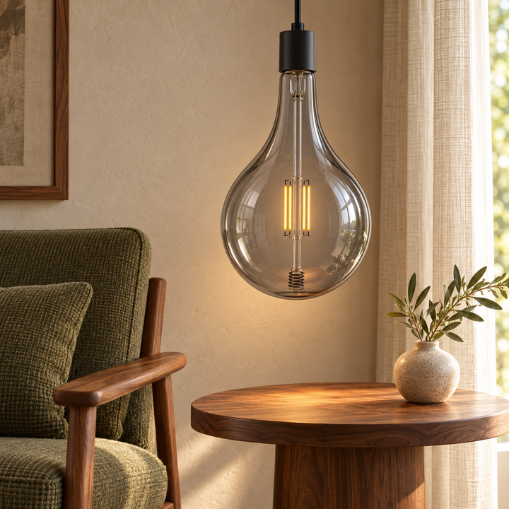 Smoked glass teardrop pendant light with a glowing filament-style bulb beside an armchair