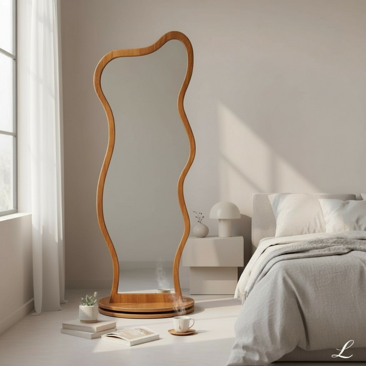 Organic Wooden Floor Mirror with Storage