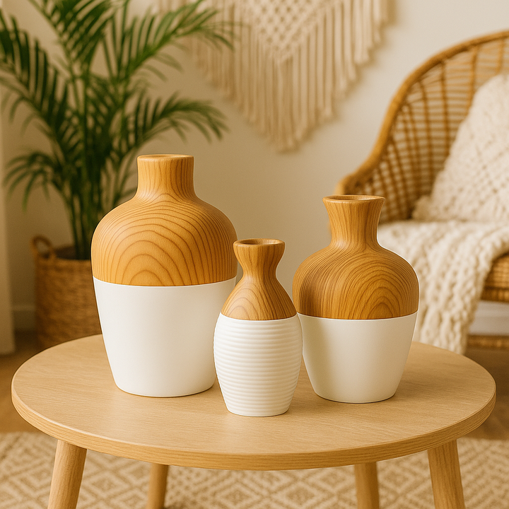 Wood & Ceramic Vase Set of 3
