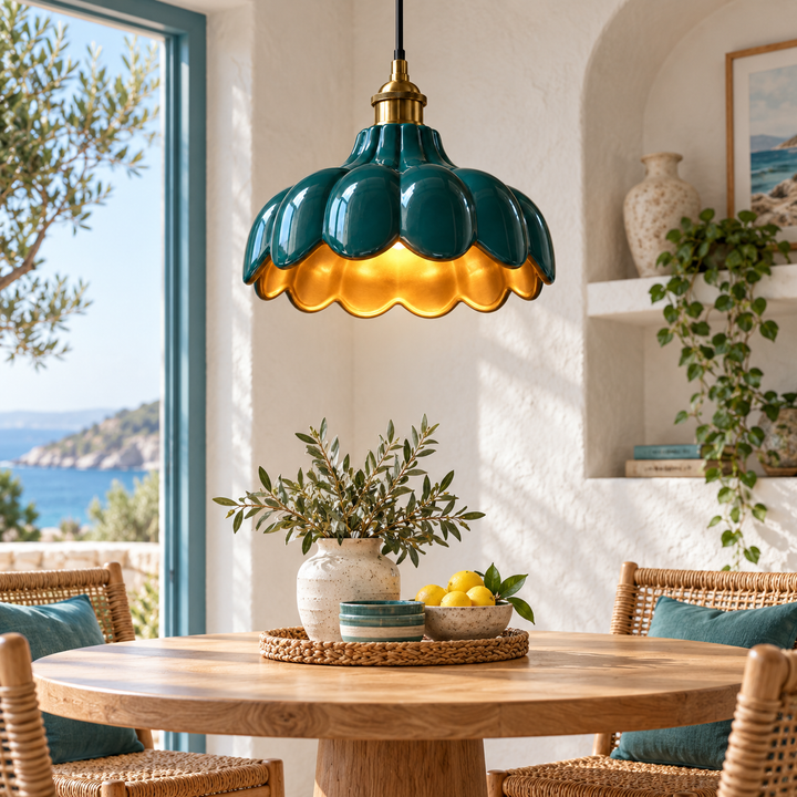 Teal Scalloped Pendant Light with Gold Interior