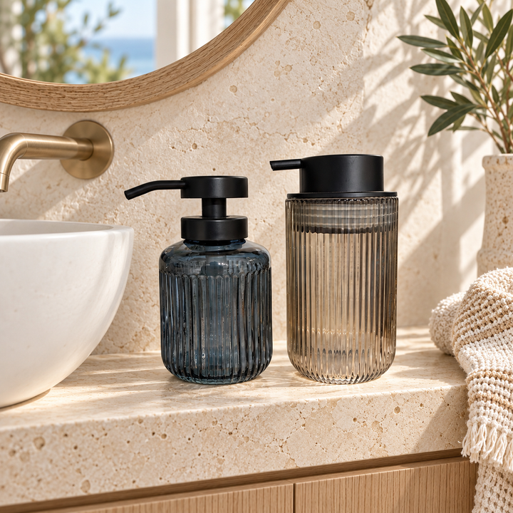 Ribbed Glass Bathroom Soap Dispenser Set  of 2“ Black & Amber