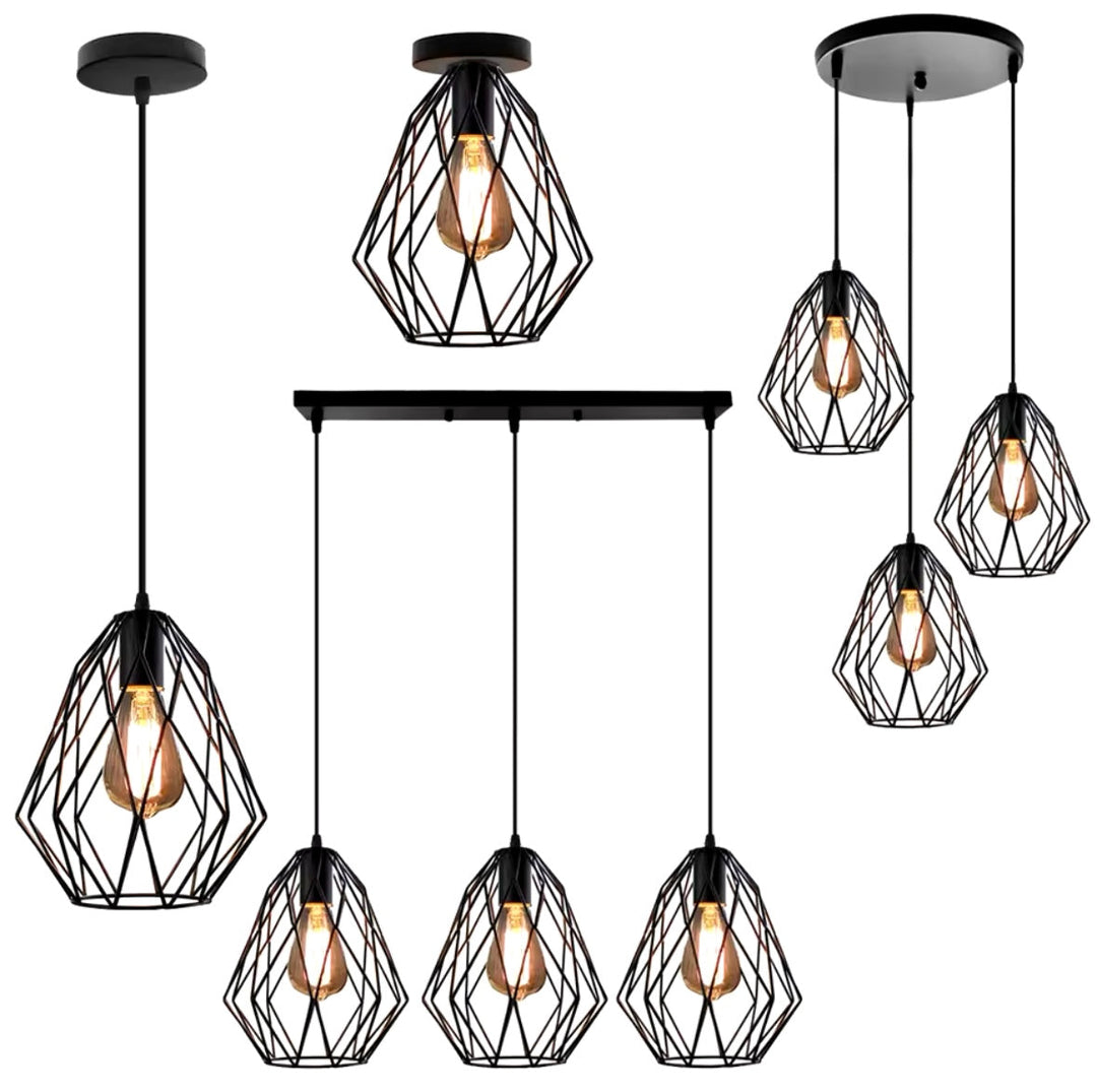 Industrial Triple Pendant Light with Geometric Shades