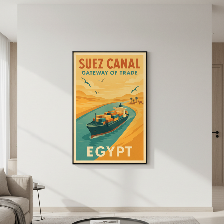 Vintage Suez Canal Egypt canvas poster with cargo ship and sunset over desert landscape