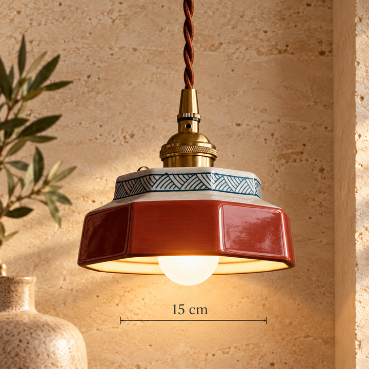 Vintage Red Enamel Pendant Light with Brass Fittings – 15 cm