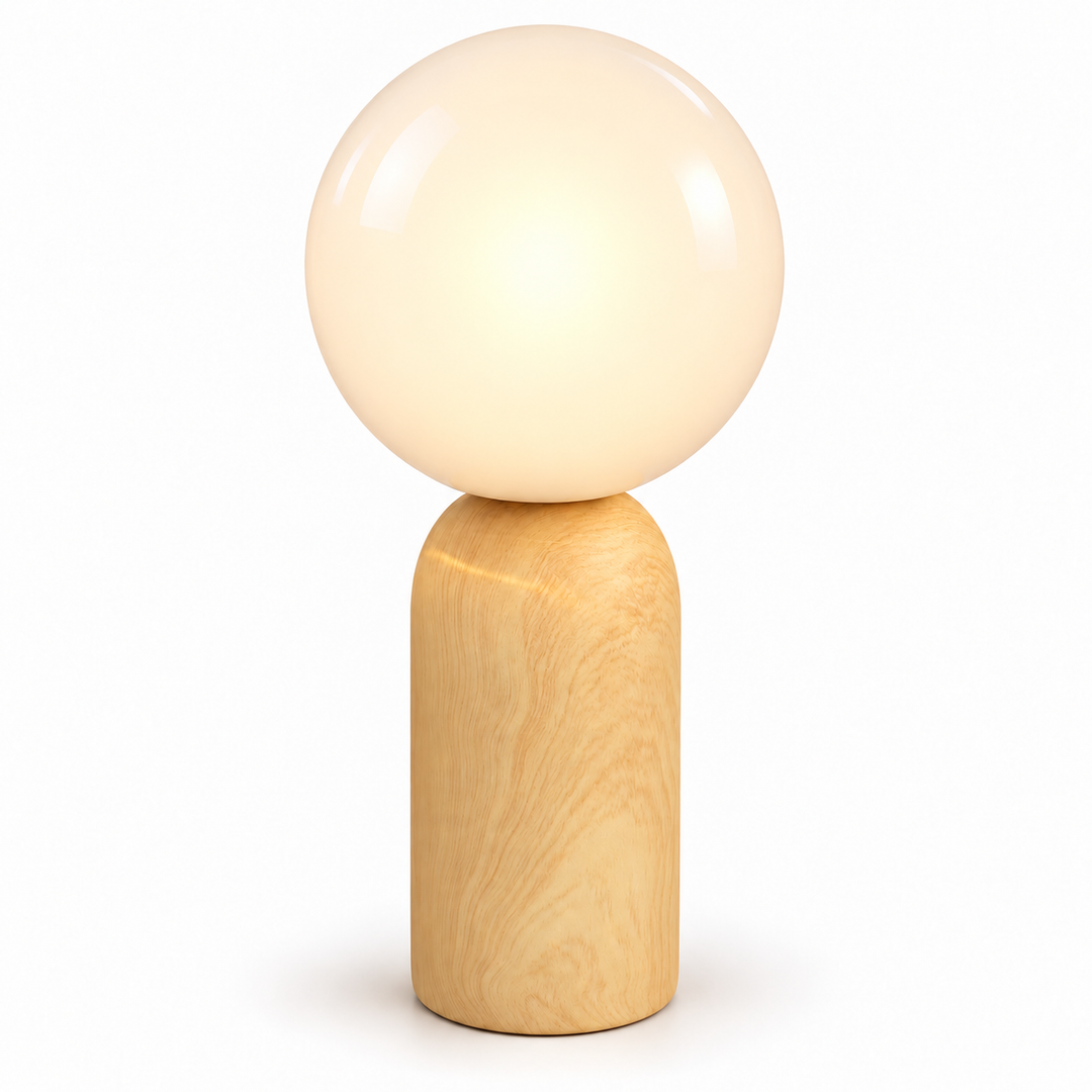Table lamp with a frosted spherical shade and rounded natural wood base