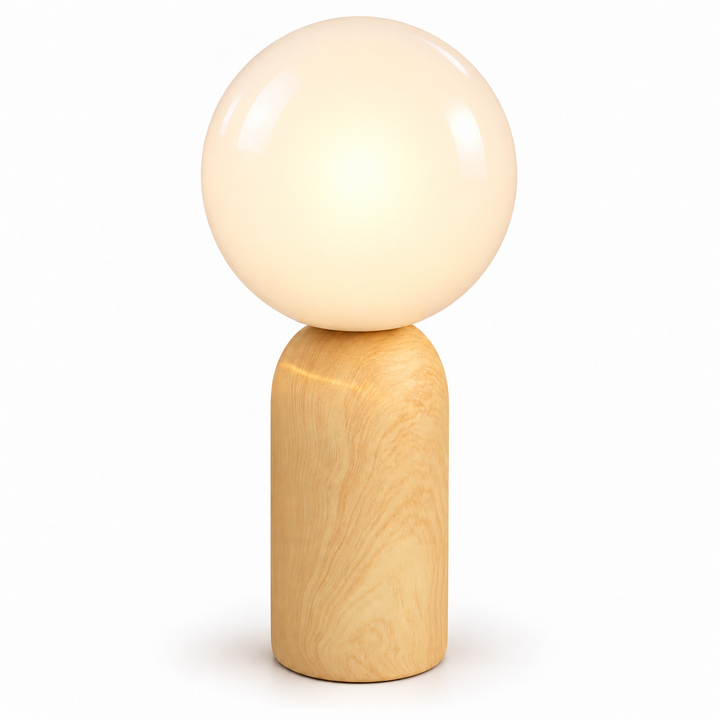 Table lamp with a frosted spherical shade and rounded natural wood base