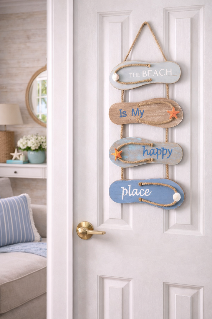 Coastal beach hanging sign with rope in pastel tones for seaside decor