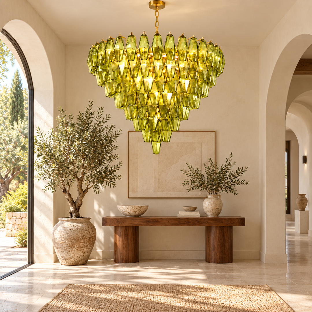 Olive Green Glass Crystal Chandelier with Gold Finish