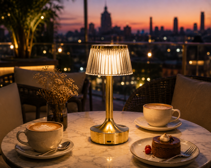 Rechargeable gold LED table lamp with crystal shade emitting warm ambient light.